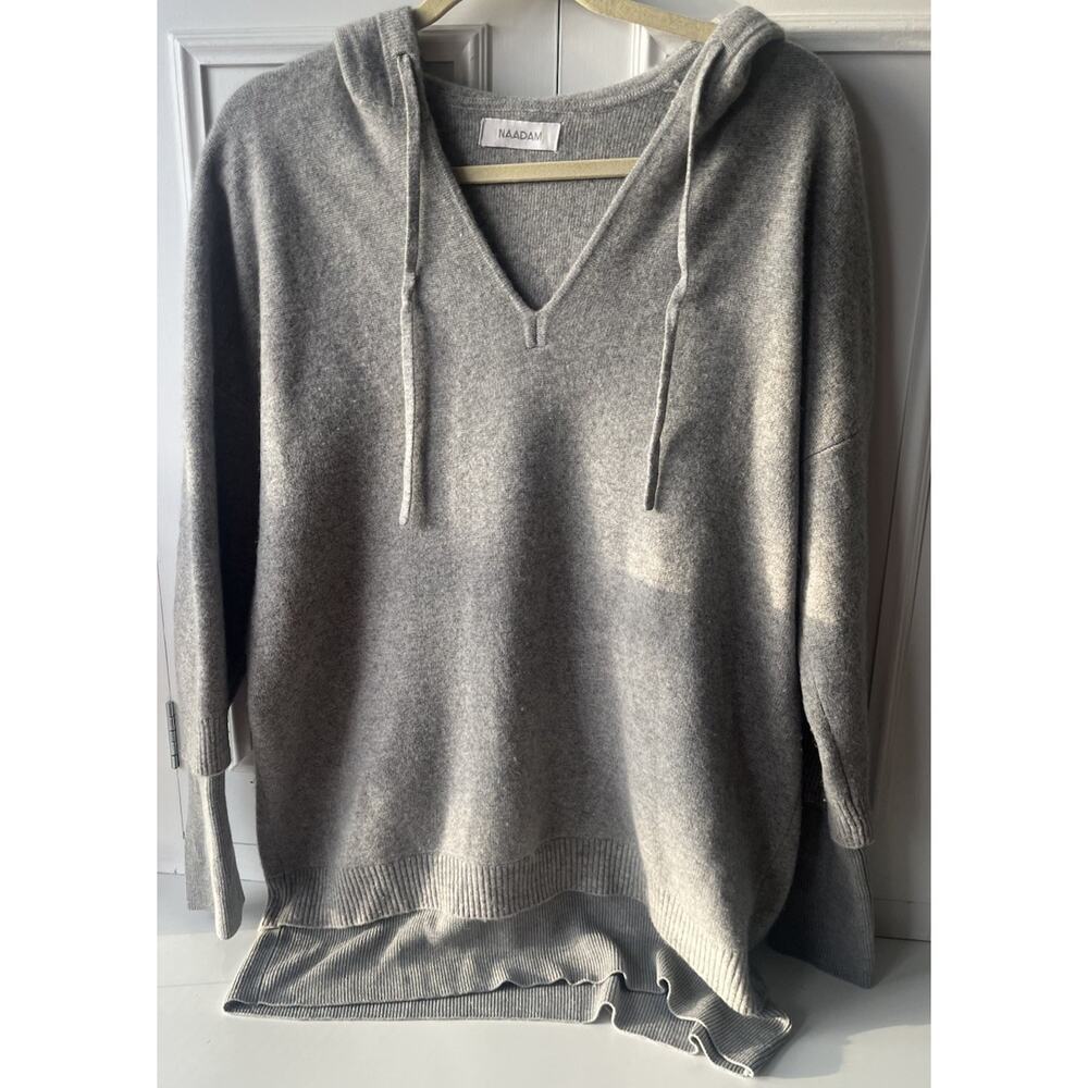 NAADAM 100% Cashmere V-Neck Hoodie Heather Grey Luxe Knit S Sweater Layered